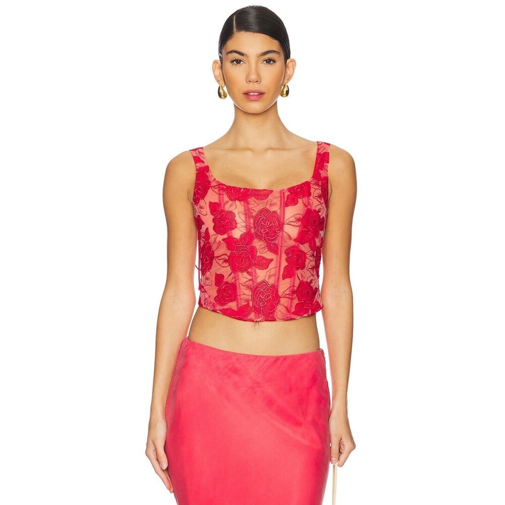 NWT For Love & Lemons Red Floral Sheer Corset Tank - Picture 4 of 15